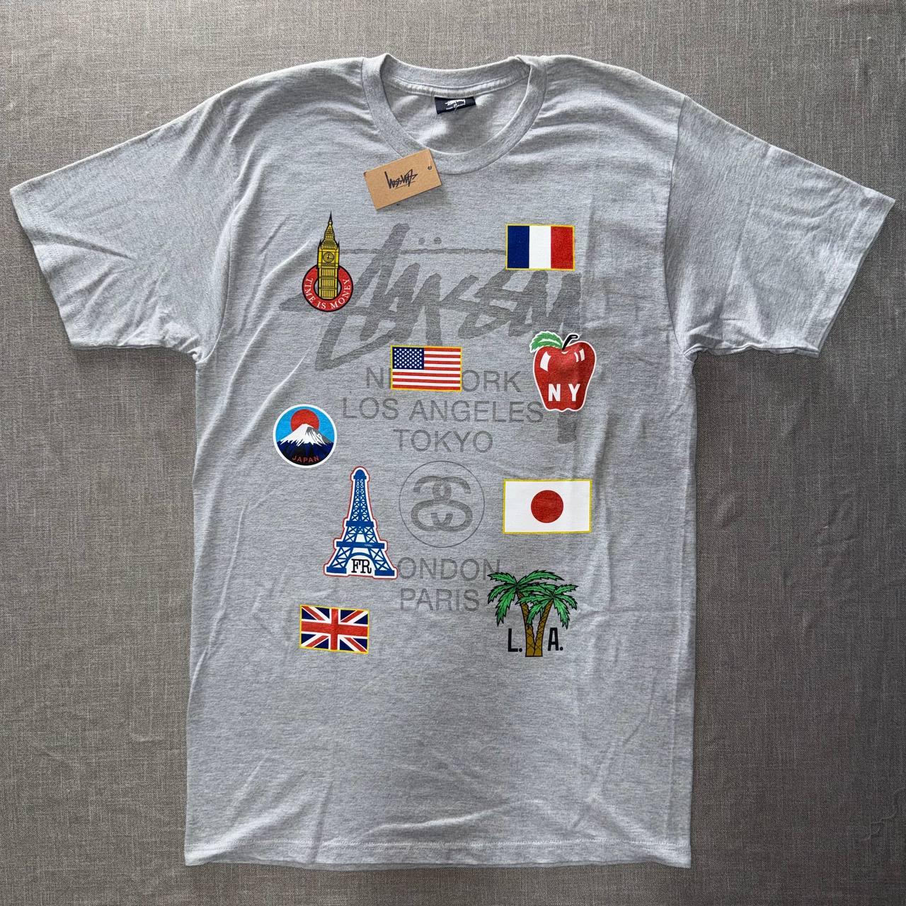 Stussy World Tour Flags Tee — Grey Heather